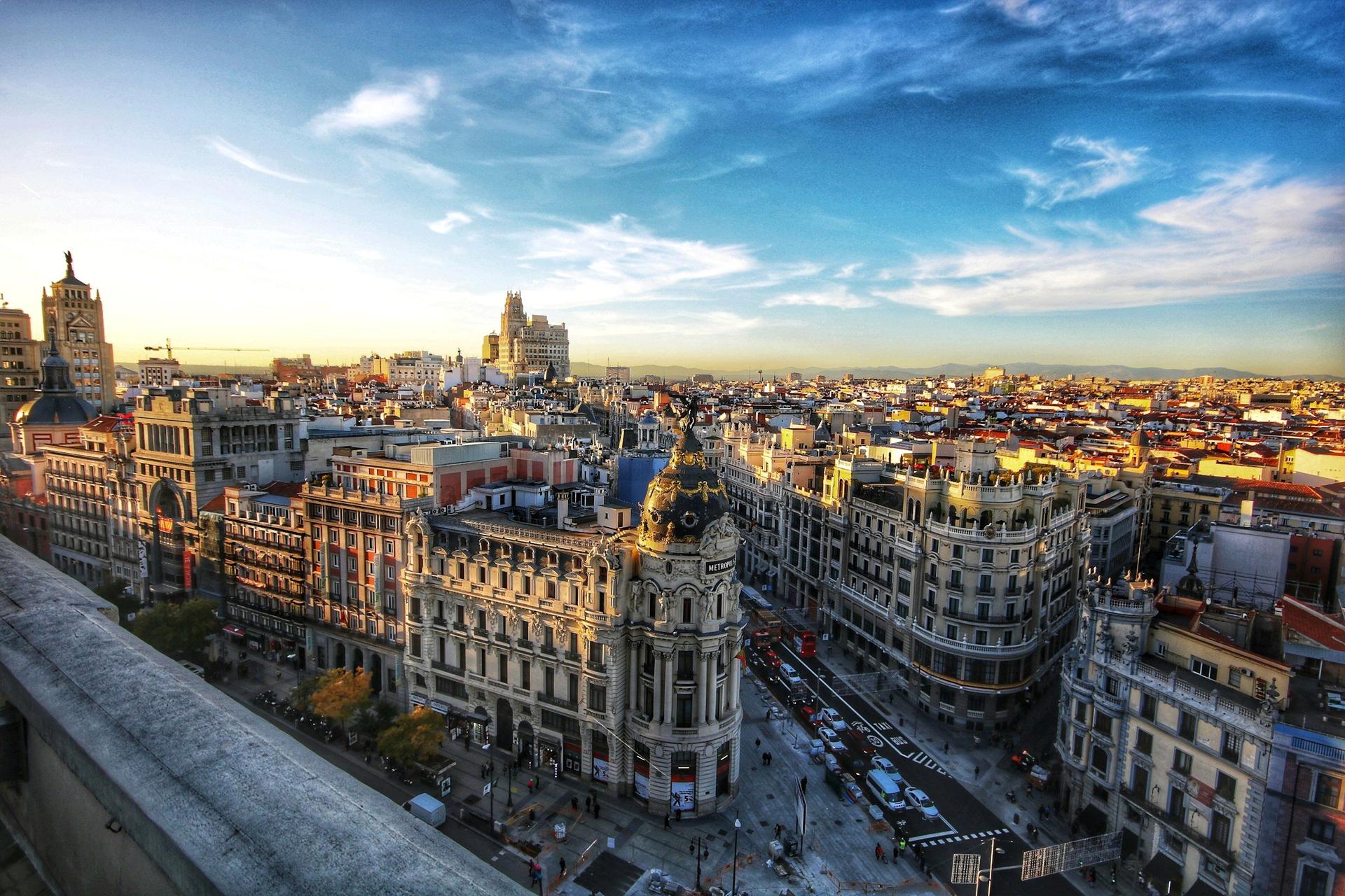 Madrid at golden hour viewed from a hidden rooftop