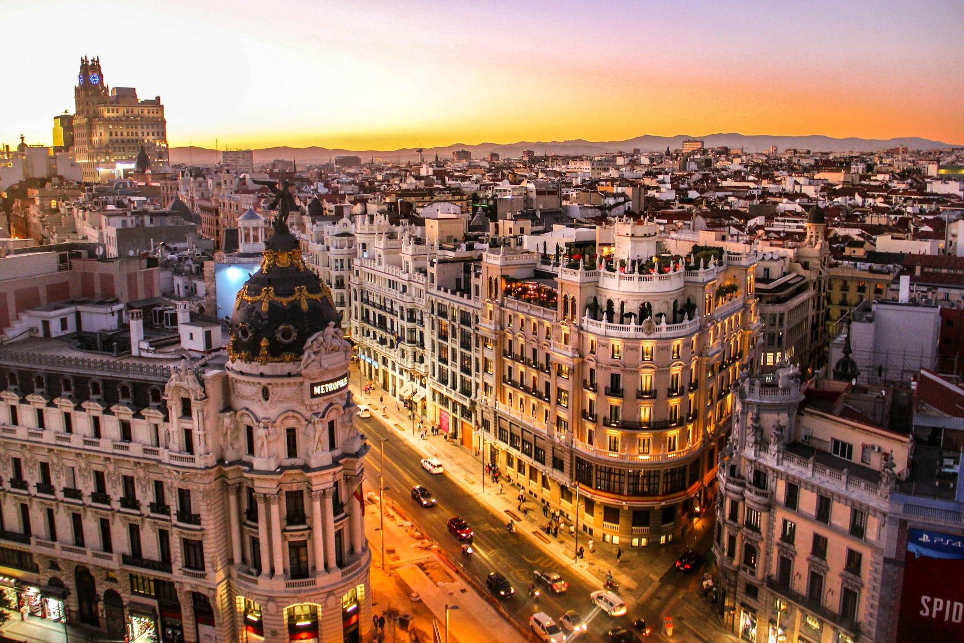 Madrid skyline at sunset, Royal Palace silhouette